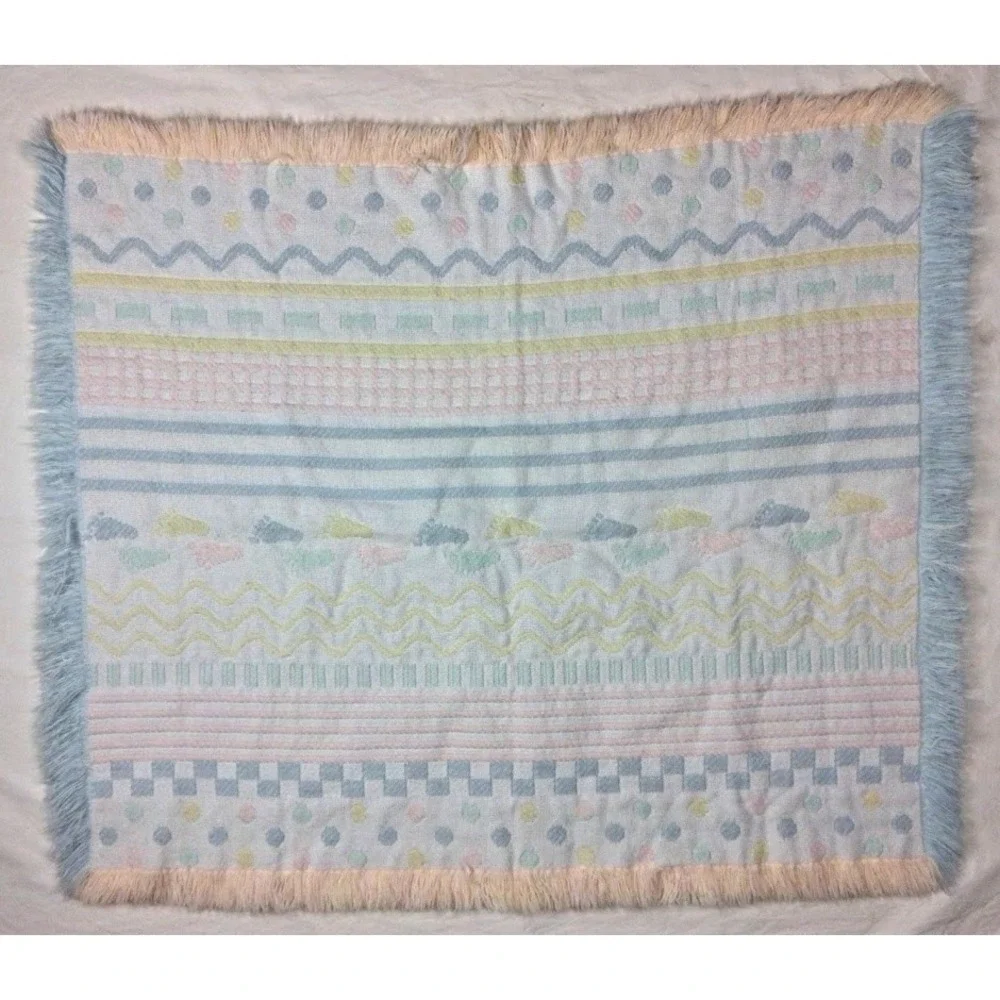 Vintage Pastel Woven Baby Throw Blanket Fringe Dots Foot Prints Feet Unisex